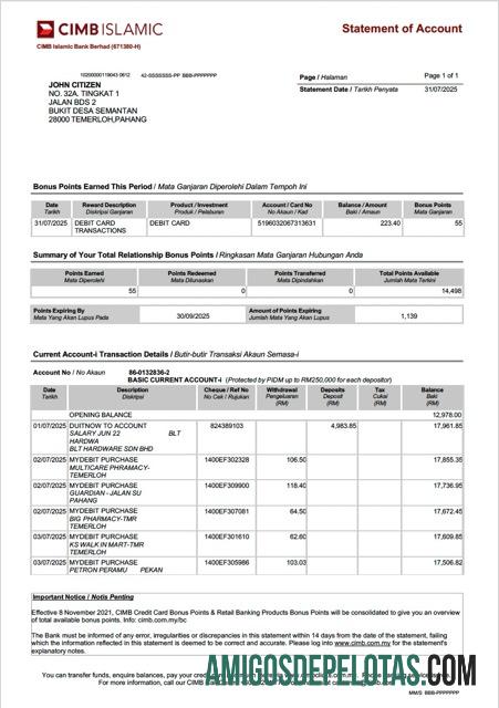 Extrato de conta do banco islâmico CIMB da Malásia para download, modelo Word e PDF